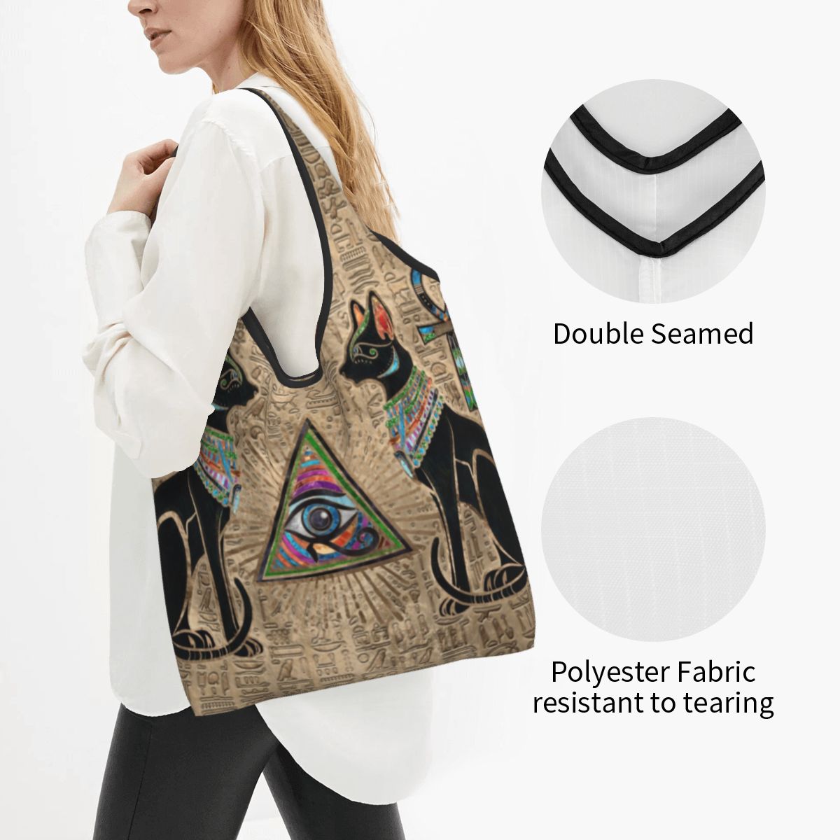 Custom Reusable Egyptian Cats And Eye Of Horus Shopping Bag Women Tote Bag Portable Ancient Egypt Groceries Shopper Bags