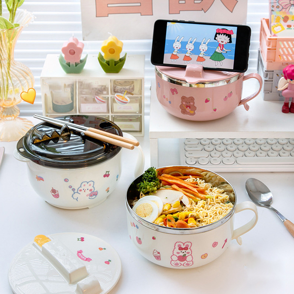 Boîte à déjeuner japonaise Kawaii, bol à nouilles instantanées avec couvercle poignée, boîte à Bento en acier inoxydable 304 1 pièce
