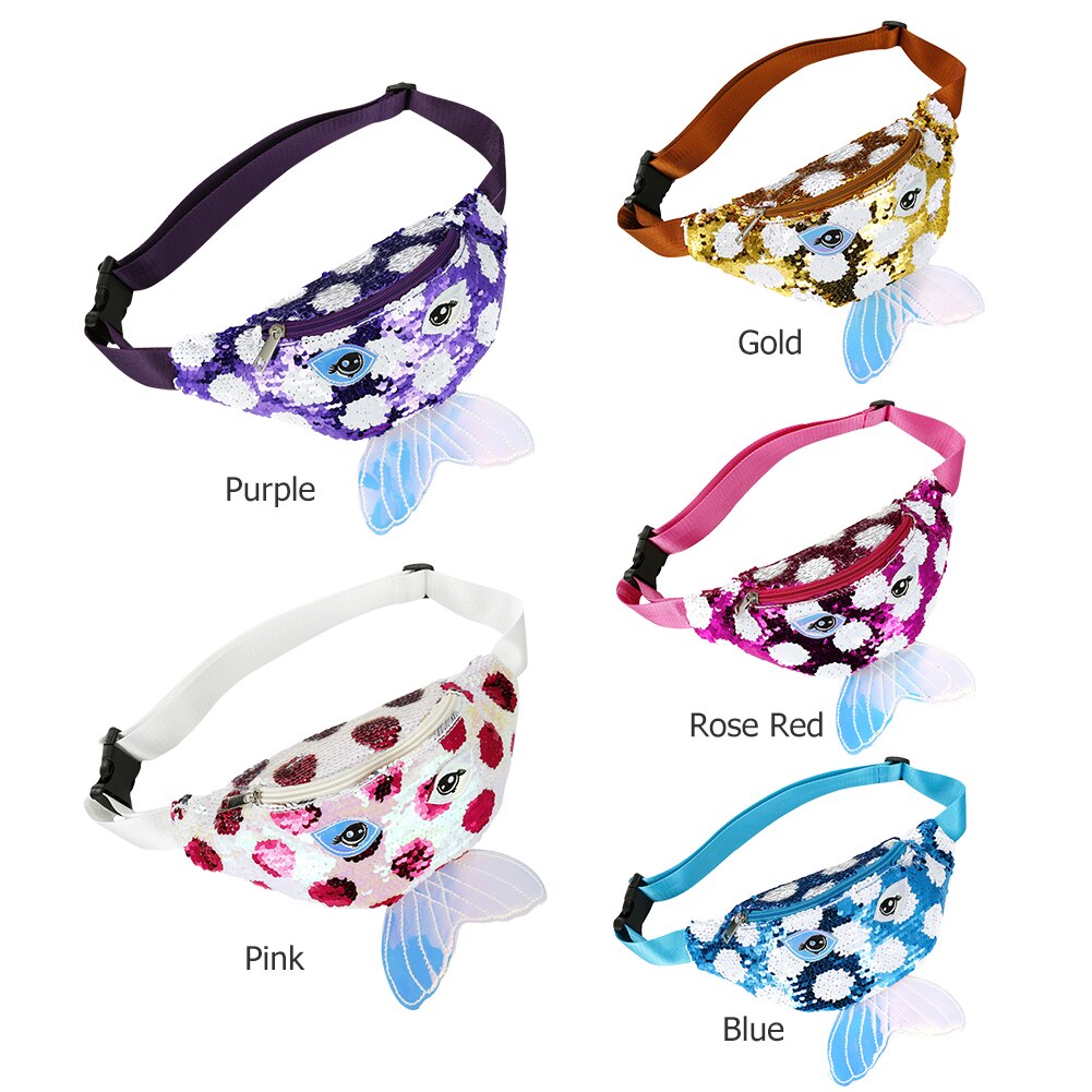 Sequin Waist Bag Women Fanny Zipper Semicircle Fish Tail Big Eyes Printing Splicing Kid Chest Crossbody Pack