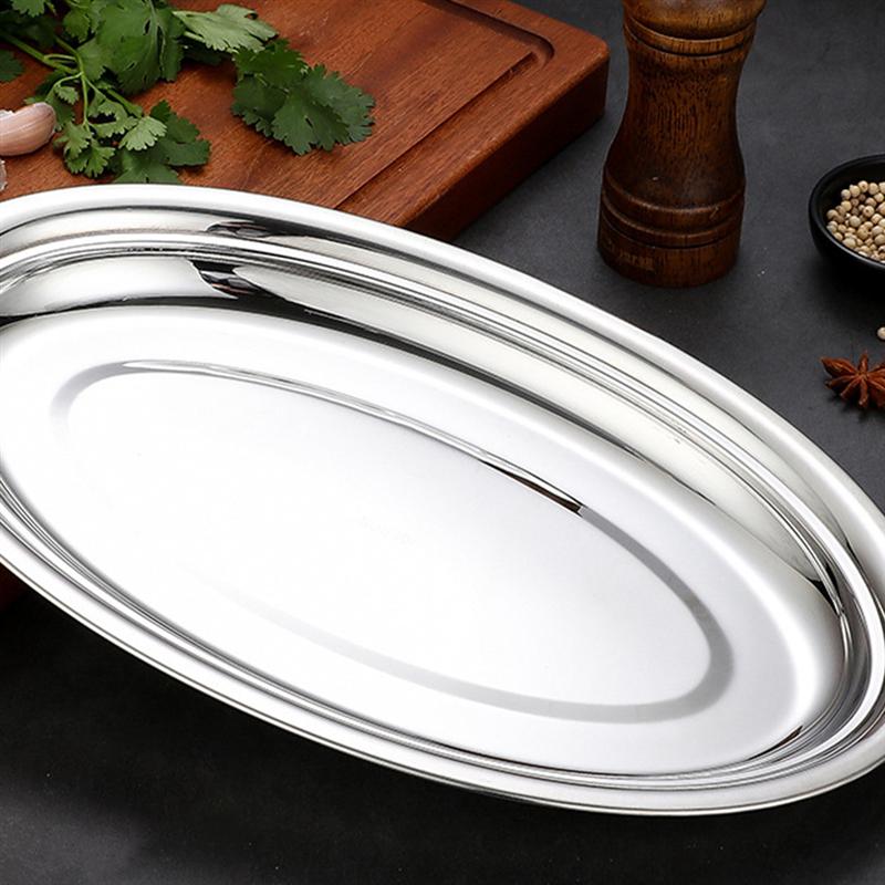 1pc Stainless Steel Dinner Plate Restaurant Serving Plate Oval Steaming Fish Plate Snack Dessert Dish Kitchen Service Tray