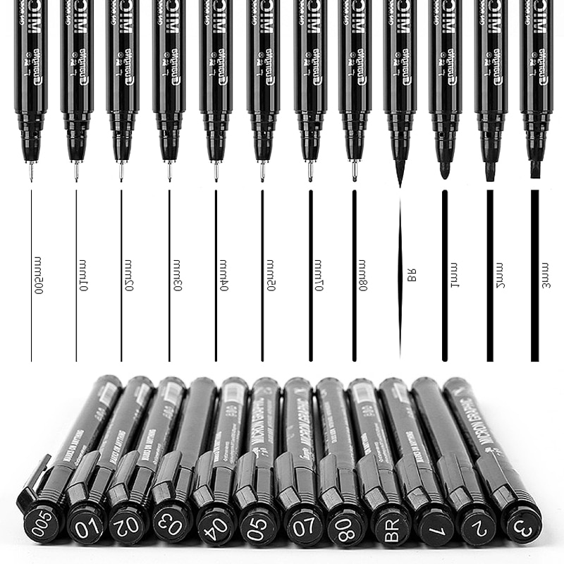 12 Stuks Verschillende Maten Zwart Fineliner Waterdichte Inkt Markers Pen Voor Architect Schetsen Tekening Borstel Pen Kunst Levert