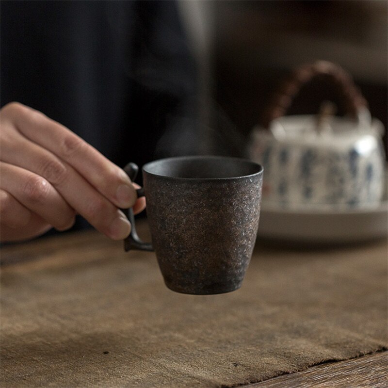 Japanese Vintage Tea Cup Ceramic Travel Coffee Mug China Coarse Pottery Water Cup with 3D Dog Handle Anniversary