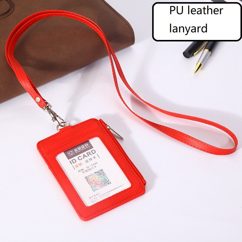 Pu Lederen Id Badge Houder Met Rits Porte Bus Pass Case Cover Slip Mannen Vrouwen Bank Credit Card Houder met Polyester Lanyard: Red PU leather