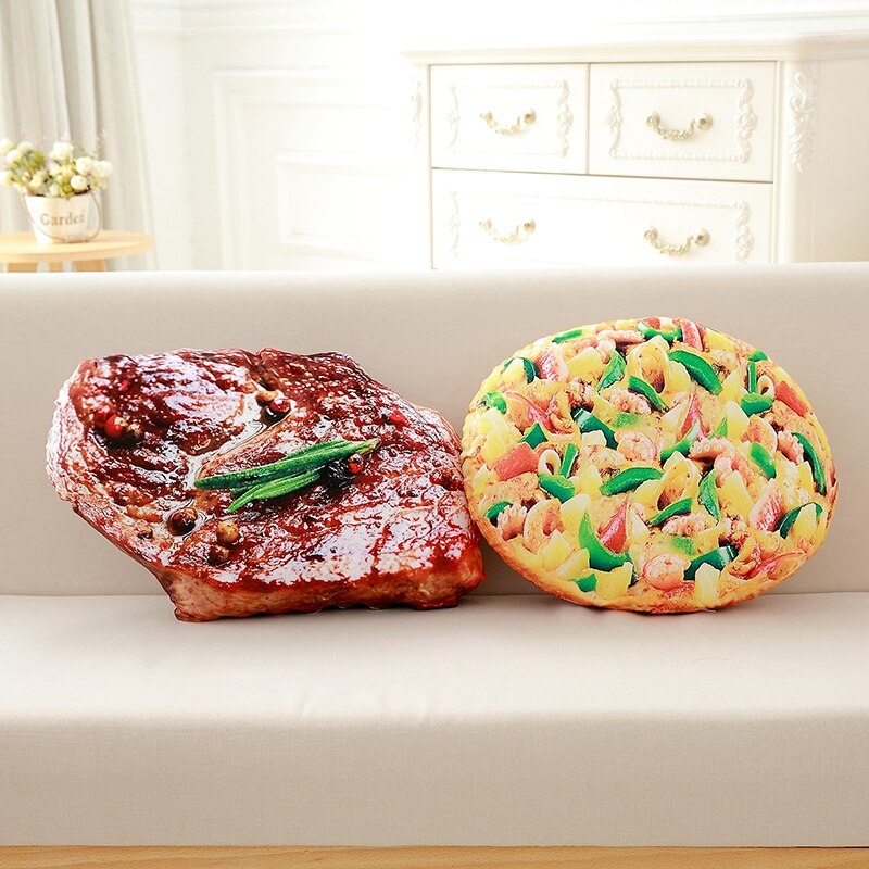 Simulationnel en peluche pain steak pizza forme oreiller drôle nourriture sieste oreiller et coussin enfants jouet d'anniversaire