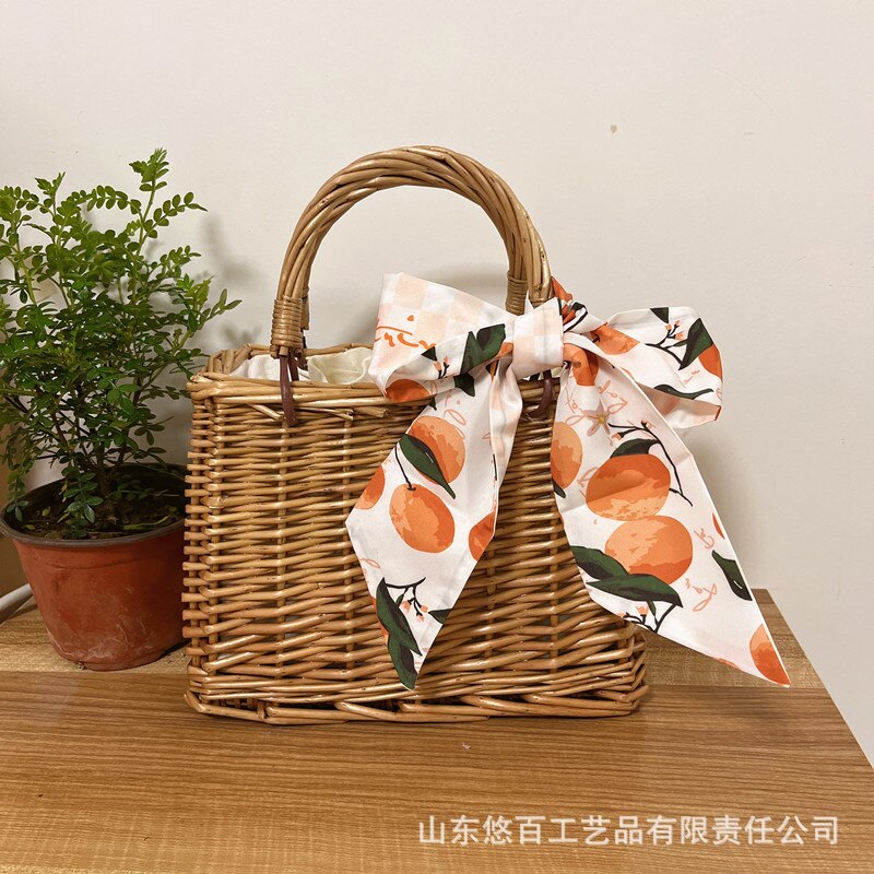 Bolso tejido de mimbre para mujer, organizador de escritorio de ratán, de boda, bolso femenino, cesta con decoración de cinta: Square orange