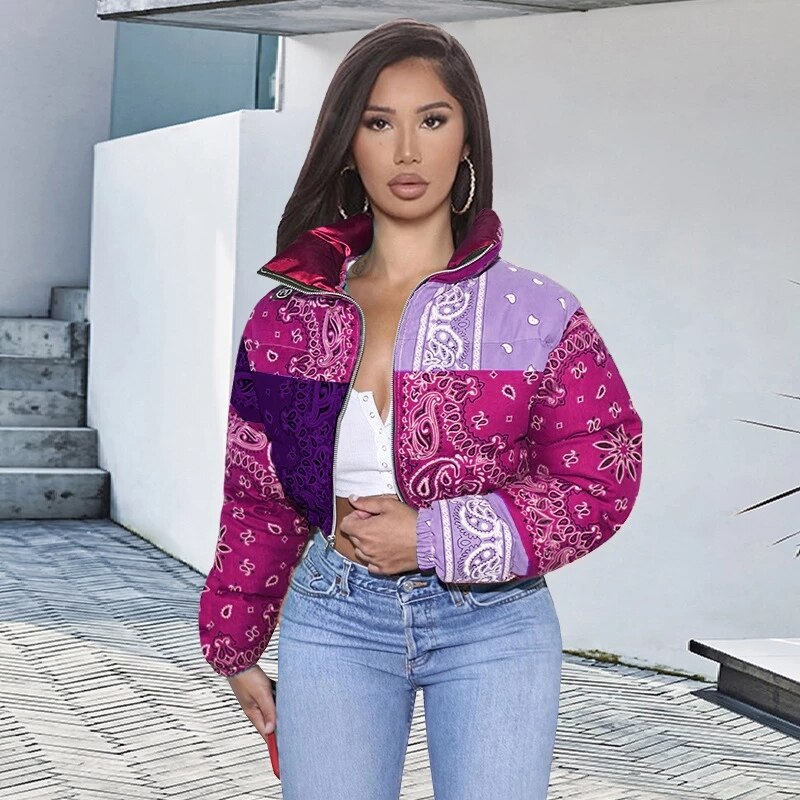 Manteau Bandana imprimé Paisley pour femme, veste à bulles, parka chaude, décontractée, fermeture éclair, vêtements d'extérieur, hiver