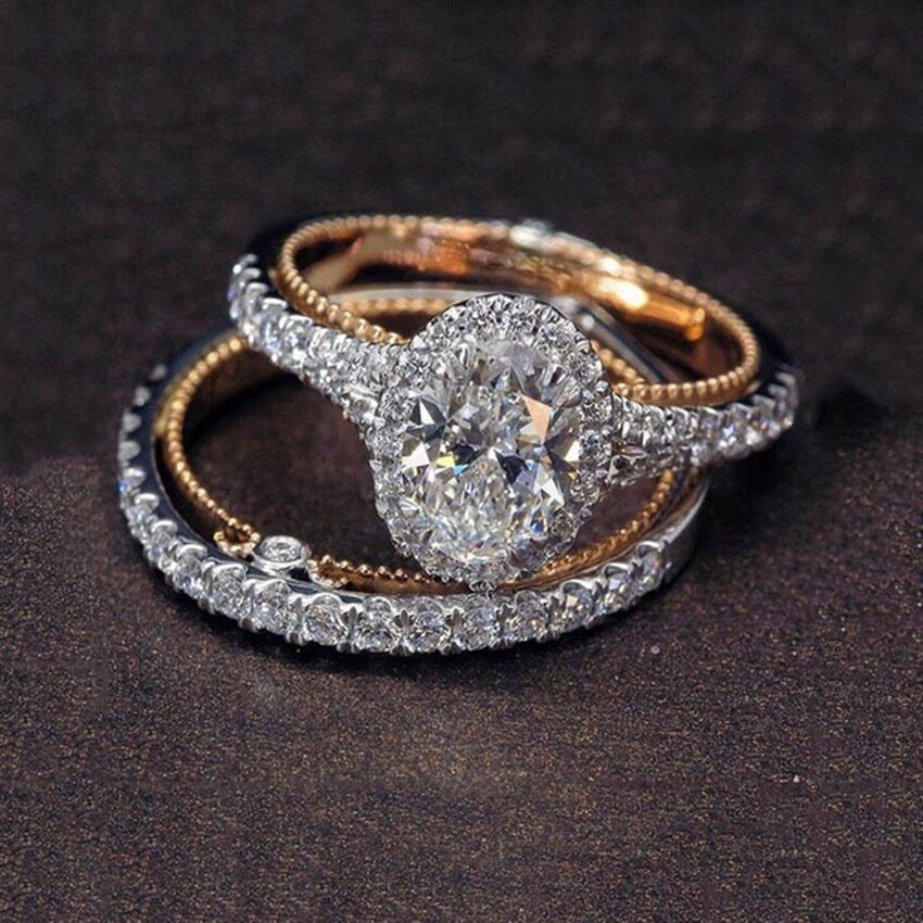 Vintage grande oval zircão anel de casamento conjunto para mulher luxo rosa ouro cor noivado bijoux acessórios presente do amor dia dos namorados