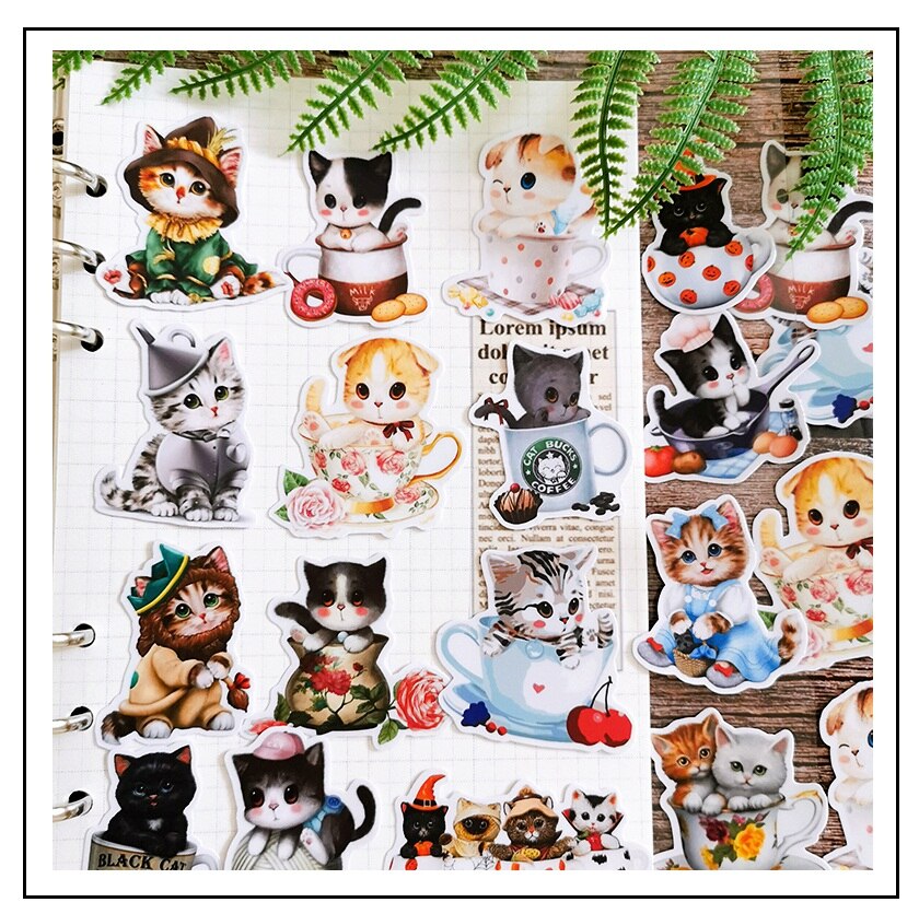 Cartoon kawaii teacup cat stickers DIY scrapbooking journal album happy planner crafts decorative stickers