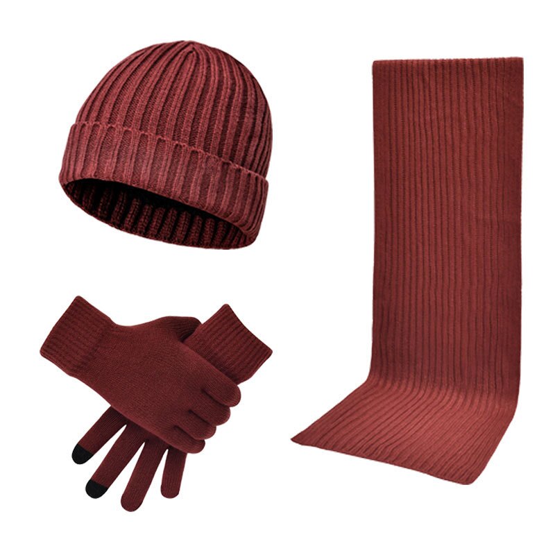 3 pice / sæt varm strikket tørklæde handsker hat sæt kvindelig cirkel hals skærm touch finger temperament varm beanie tørklæder handske bomuld: Rødvin