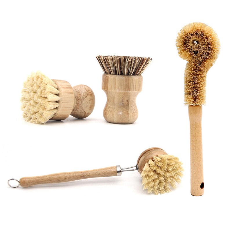 Juego de cepillo de limpieza a base de plantas hecho de bambú, Sisal, Ebow Coir para cocina, botella, Herramientas de limpieza de platos, 4 Uds.
