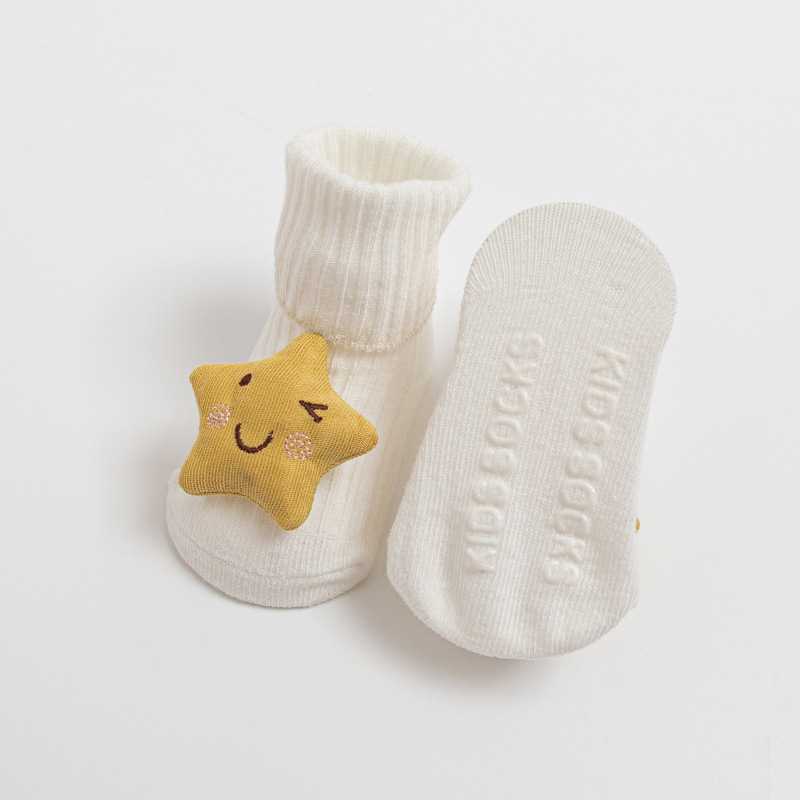 Babysocken mit Karikatur-motiven 3d einfarbig, mit schleife, rutschfester sohle, weich und warm, Ideal für babys und kleinkinder, für Höhle Winter.: Weißer Stern