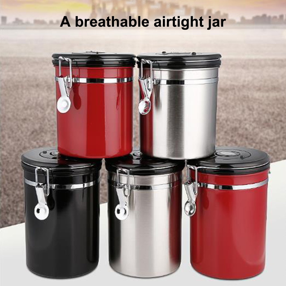 Contenant à café hermétique en acier inoxydable 304, 1,8 l, ensemble de boîtes de rangement, avec cuillère pour café, grains, thé