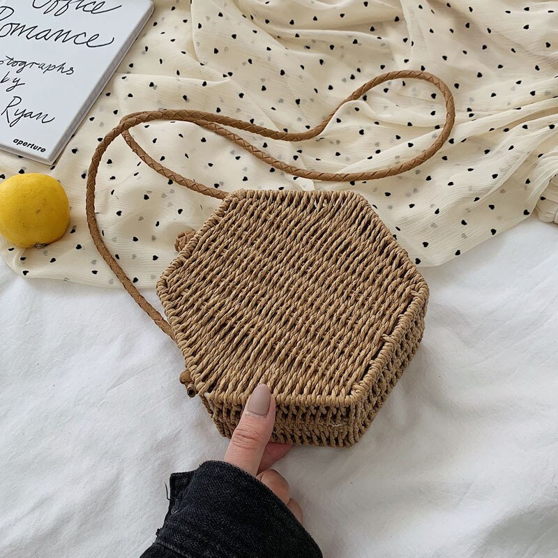 Hexagone femmes sac à main été plage paille sac bohême rotin tissé rétro épaule bandoulière sacs à la main couleur unie Bali boîte: khaki Shoulder Bags