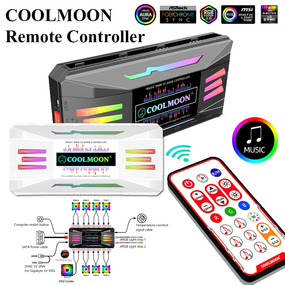 COOLMOON ARGB Remote Control 4Pin PWM 5V 3Pin Synchronization Wireless Controller for PC Case Cooling Fan Light Bar CPU Cooler