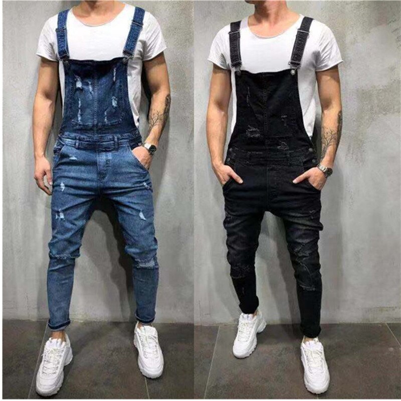 Men's British Style Denim Bib Pants Full Length Jeans Jumpsuits Hip Hop Ripped Jeans Overalls for Men Streetwear