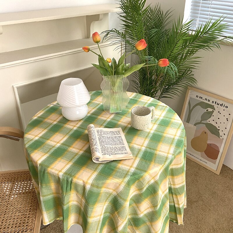 INS Plaid Tablecloth Cotton Linen Dust Proof Fresh Checkered Table Cloth Photo Props Background Home Dining Table Decor Cover: Green plaid style / 150X150cm