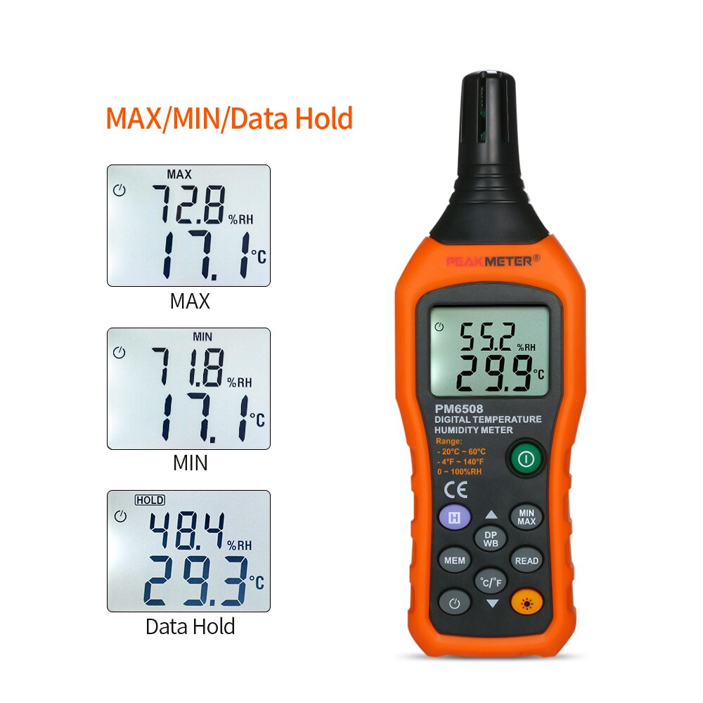 PEAKMETER PM6508 Draagbare Digitale Temperatuur en Vochtigheid Meter LCD Thermo-Hygrometer Mini Thermometer Hygrometer Psychrometer