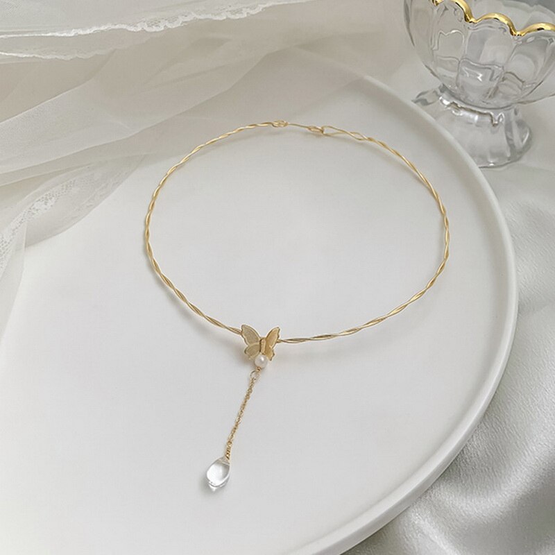 Gold Color Kpop Butterfly Choker Necklaces Women Waterdrop Pendant Necklaces Korean Jewelry