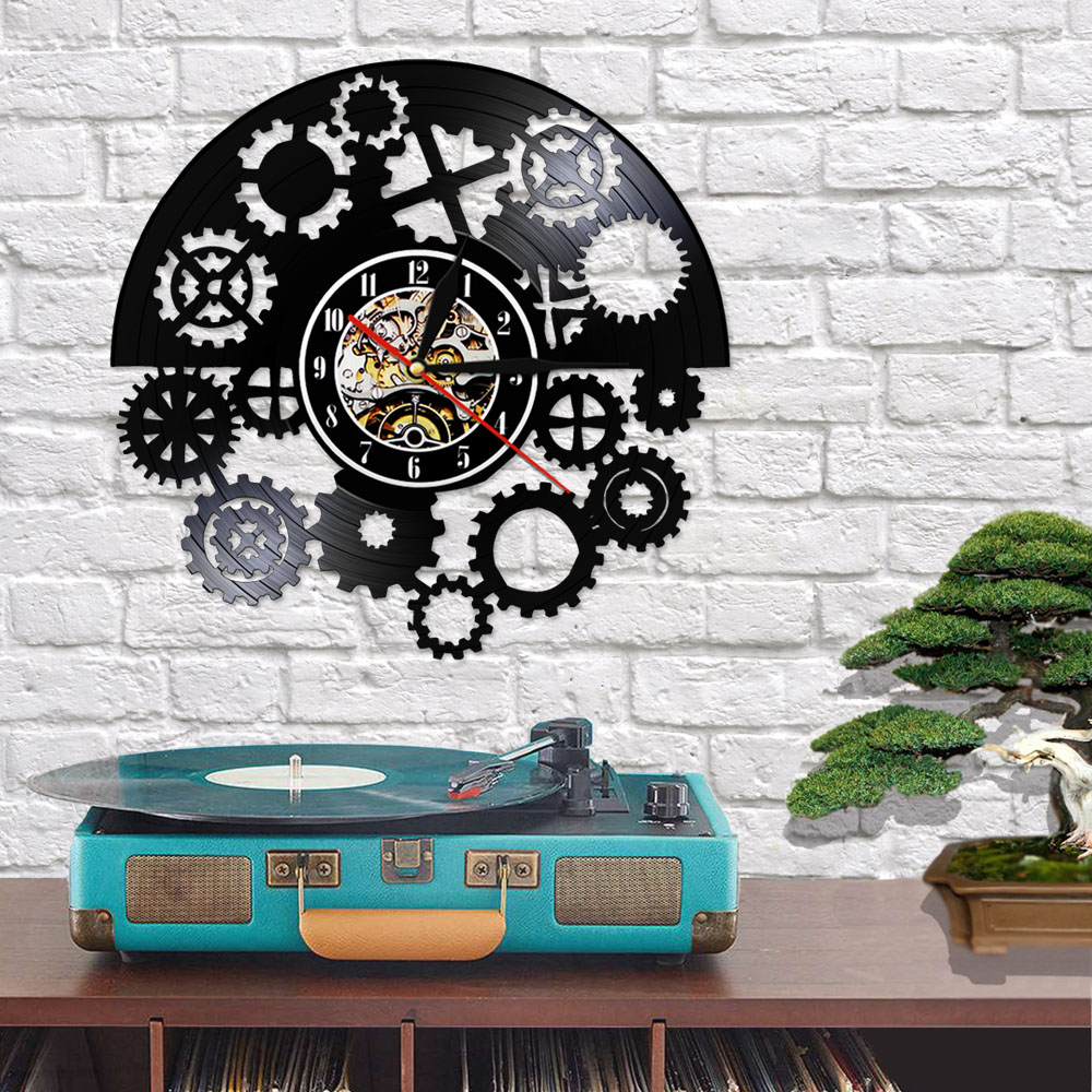Reloj de pared gótico Steampunk, dispositivo de grabación de vinilo negro LP, arte de pared Vintage Tribal, reloj de máquina