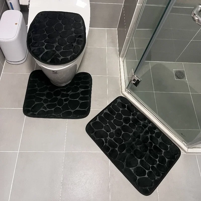3PCS/Set Non-slip Soft Bath Mat Toilet Cover Carpet Cobblestone Embossed Floor Mat Bathroom Absorb Water Can Be Washed 욕실 매트: Ivory