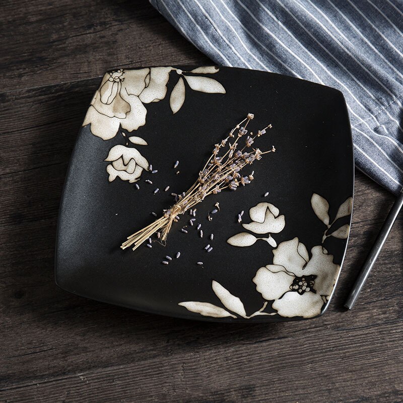 Ceramic Breakfast Plates Food Dish Dinnerware Black Hibiscus Flower Mug Dessert Fruit Snack Plate Cutlery Bowl Flatware