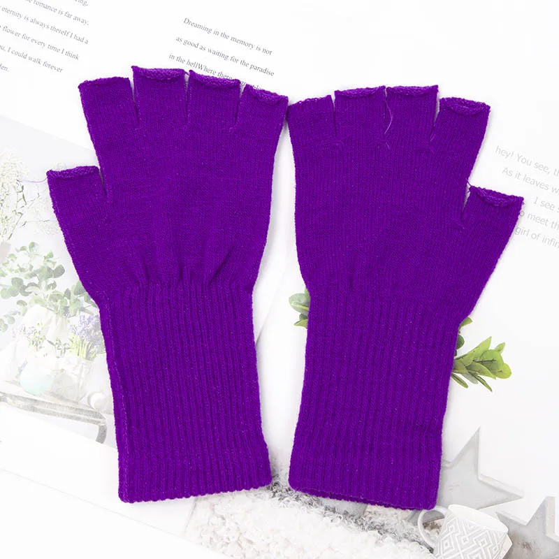 Guantes sin dedos de medio dedo para hombre y mujer, manoplas de punto de lana y algodón, color blanco y negro, cálidos para trabajo, otoño e invierno, novedad de 2022: Morado