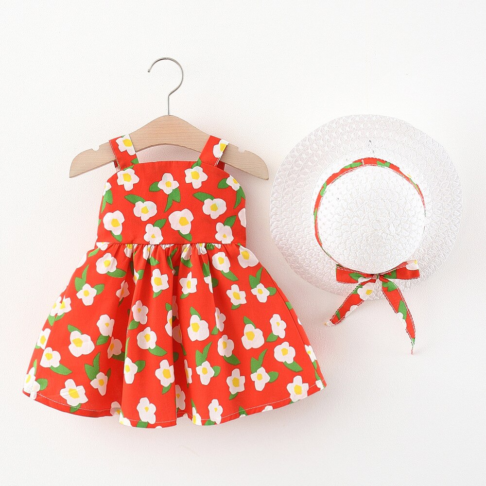 Melario floreale 2 pezzi neonata abiti estivi vestito da principessa ragazze coreano carino senza maniche in cotone bambino fiori abiti + cappello da sole