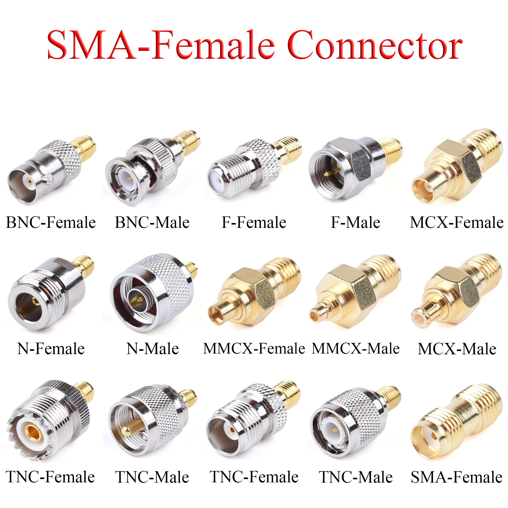 1Pcs RF Coaxial Connector SMA Female to BNC TNC MCX MMCX UHF N F Male Plug / Female Jack Adapter Use For TV Repeater Antenna