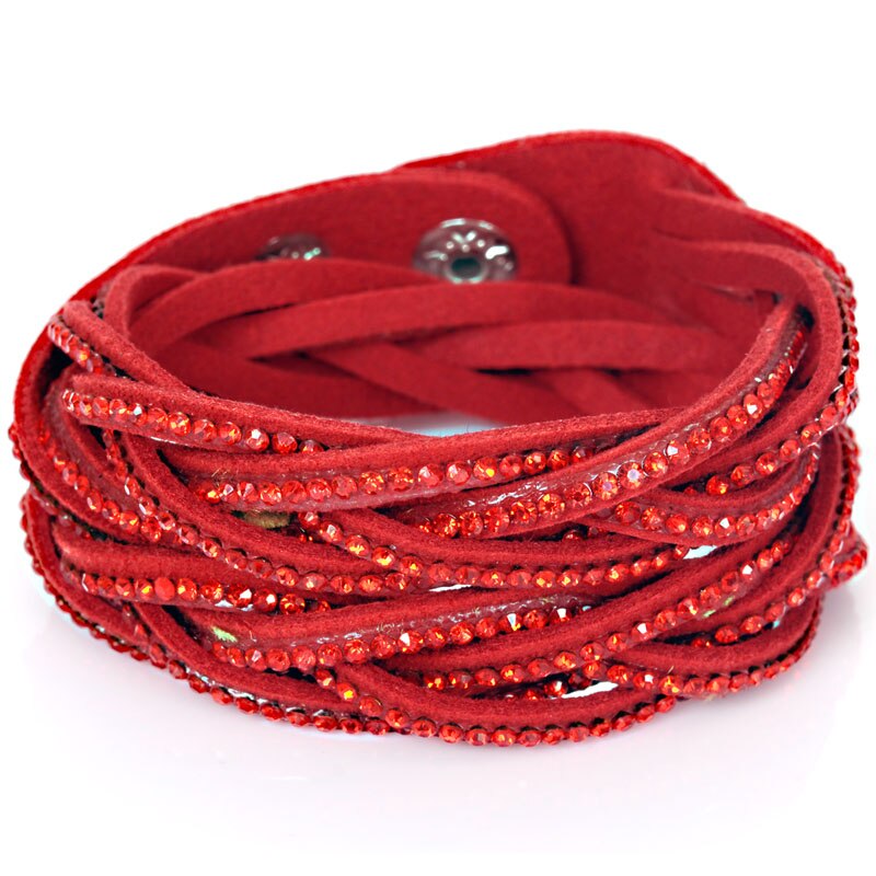 Miasol Trendy Crystal Wrap Rhinestones Braided Double Wrap Leather Charm Bracelet For Women Girl Bracelets: Red