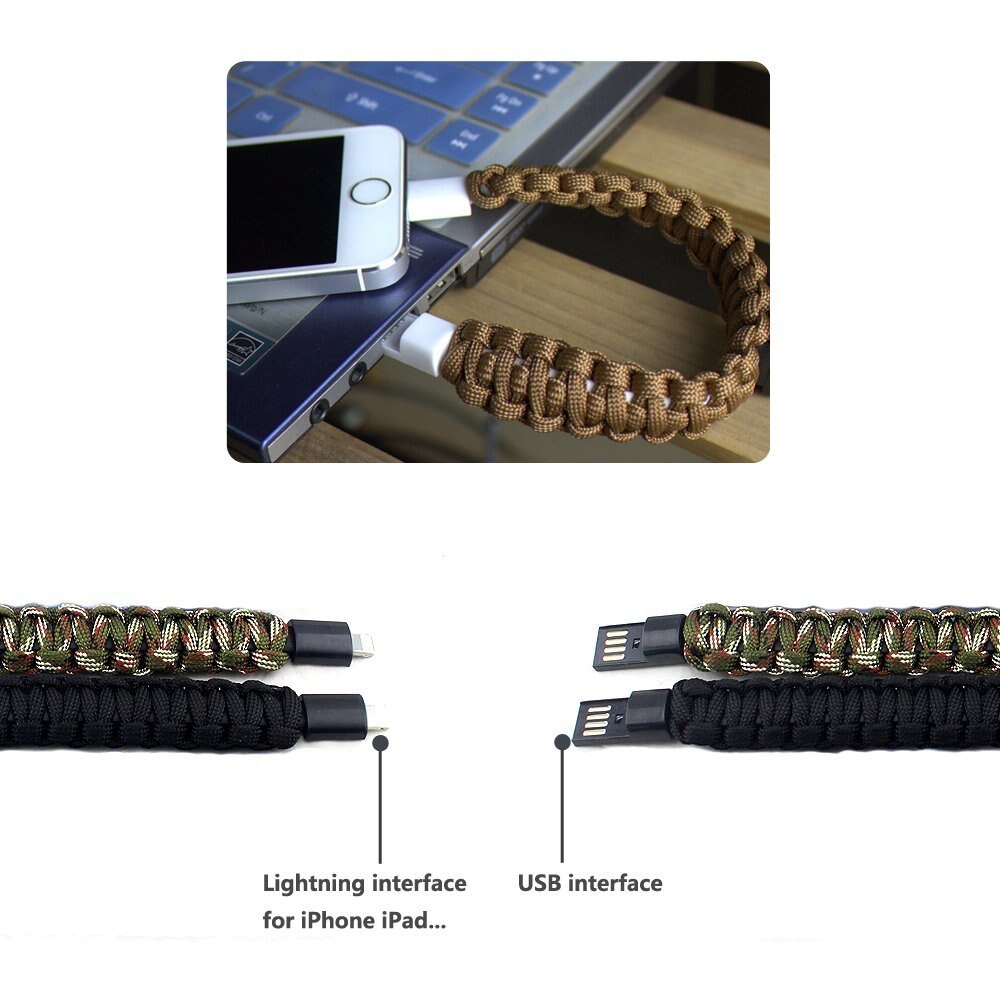 Survival Armband Lightning Datakabel Opladen Cord, Duurzaam Gevlochten Lederen Opladen Pols Manchet USB voor iPhone iPad