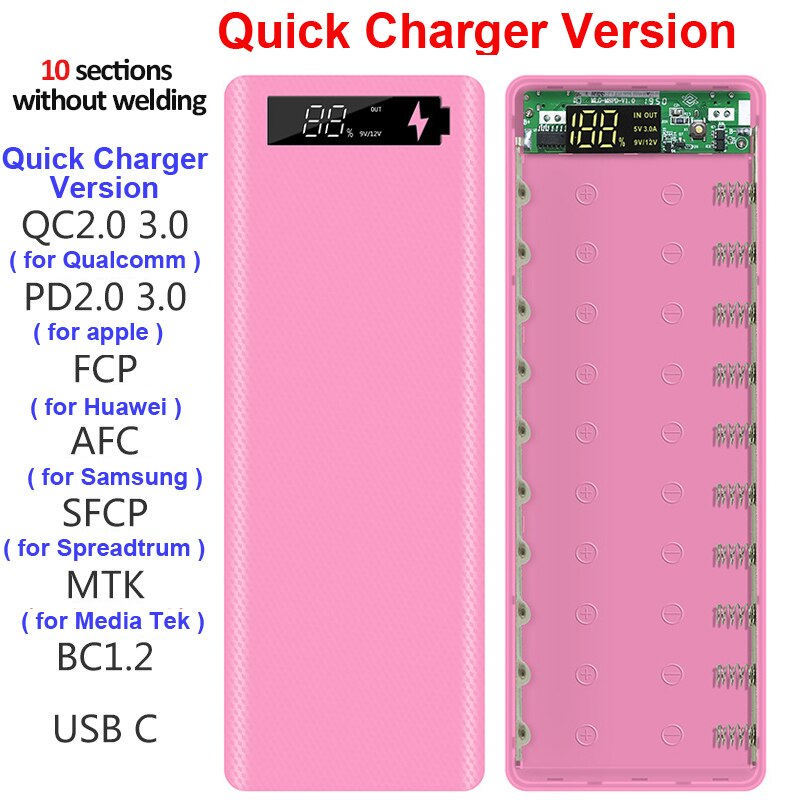 Welding Free 10*18650 Battery Storage Box Dual USB Power Bank Case DIY Shell Case 18650 Battery Holder Box PD QC3.0 Quick Charge: Pink Quick Charge