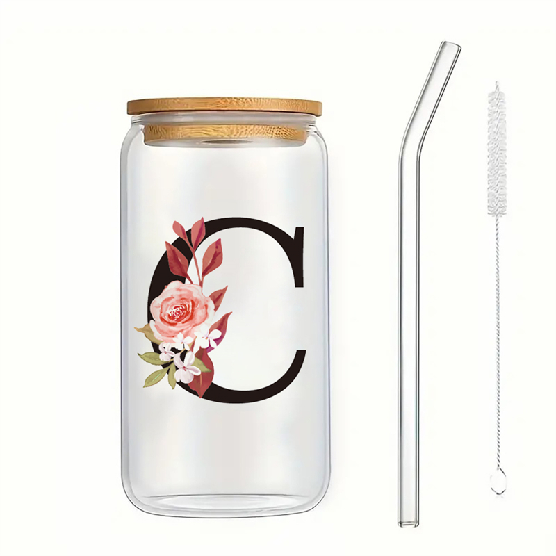 Alphabet Flowers Drinking Glass Letter A-Z Iced Coffee Water Juice Bottle Portable Clear Cup with Lid Straw Brush Birthday: Red