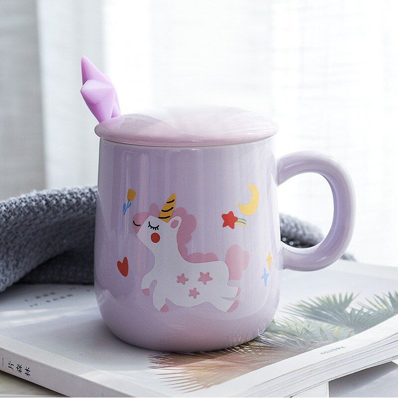 Cartoon Eenhoorn Koffie Mok Met Deksel En 3D Ster Lepel Roze Koffie Melk Thee Cup Voor Meisjes: Paars