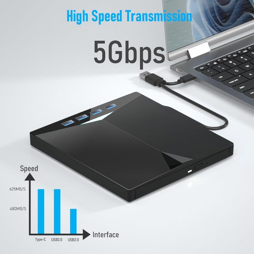 External CD DVD Drive Portable 7 in1 USB 3.0 CD ROM Player Burner CD/DVD Reader and Writer with 4 USB Ports and TF/SD Card Slot