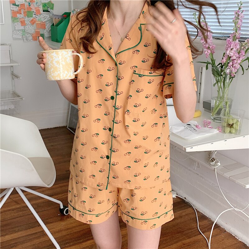 cute cherry summer pajamas set lapel collar blouses shorts 2 piece set women sleepwear home clothes cotton homewear ins Y530