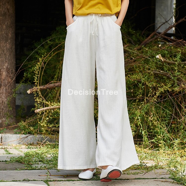 wide leg harem pants trousers chinese style streetwear women ethnic vintage elastic waist loose long cotton linen pants: color2 / S