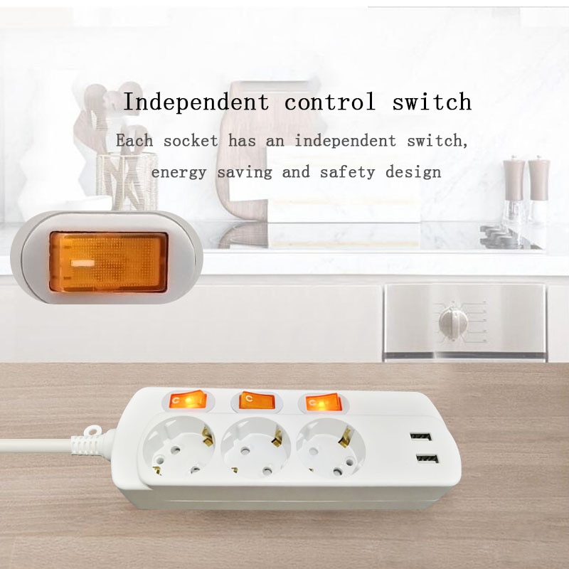 EU PLUG 1.5/2.5m 2/3/6 Extension Socket 250V 10A/16A Individually Switched Power Strip 3AC 2USB Outlets Charger Adapter Socket