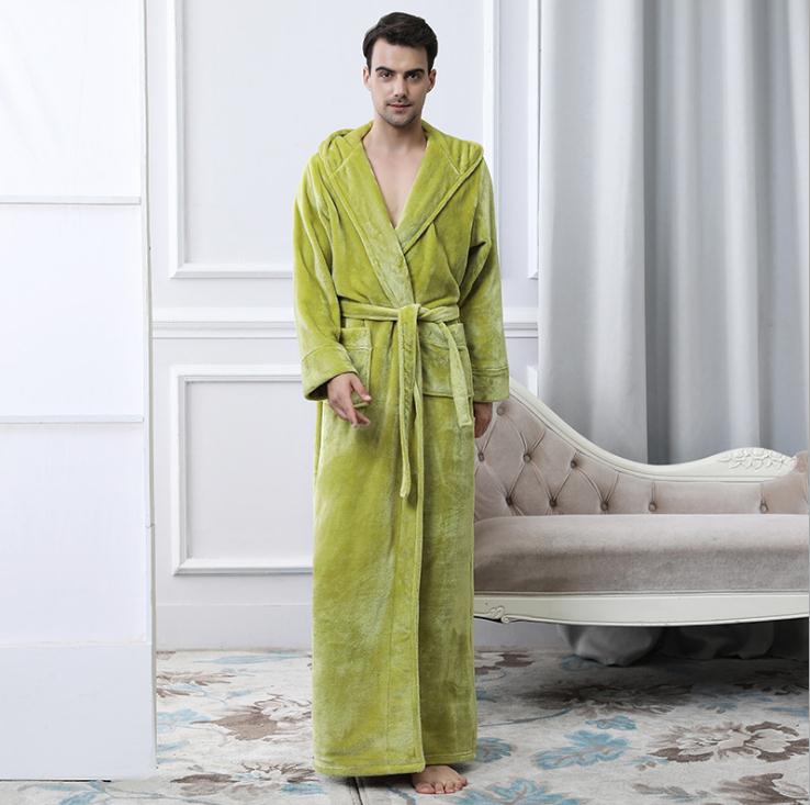 Wine red robe men's bathrobes pigiama home service Pyjamas Robe Camicia da notte flannel winter robe men hooded thick pajamas: green / L
