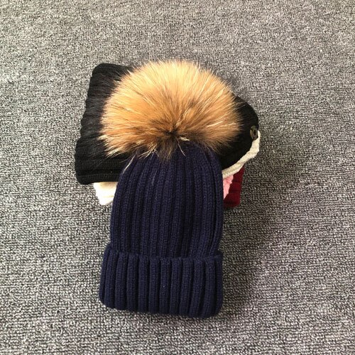 Vinter efterår piger drenge pels pom pom huer hatte bomuld hue hue til baby dejlige strikhuer med pels pompon hatte børn: Marine blå / Til voksen størrelse 53-62