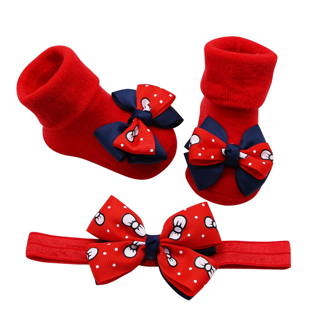 Baby Infant Girls Socks +1PC Hair Belt Toddler Girls Bow Wave Point Anti-slip Socks Cute Baby Socks Newborn #1021