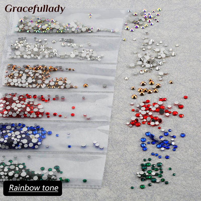 1380pcs Partitie Gemengde Size Glass Nail Strass 6 kleur Kristal Mix Maten Steentjes Voor Nagels Decoraties Strass: Rainbow tone