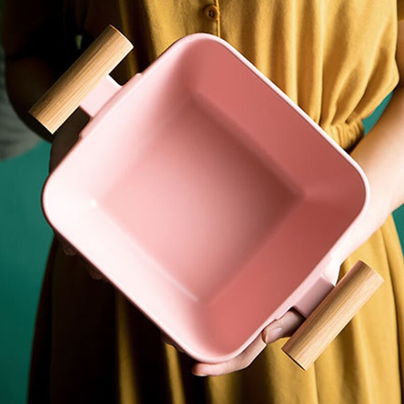 Keramische Vierkante Grote Soepkom Dubbele Oor Handvat Fruit Salade Creatieve Met Deksel Grote Capaciteit Servies Keuken Storage Tool