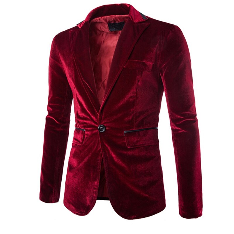 Winter Velvet Blazer Jacket Men Brand Slim Fit Single Button Groom Singer Costume Wedding Dress Casual Suit Jacket: wine red / L