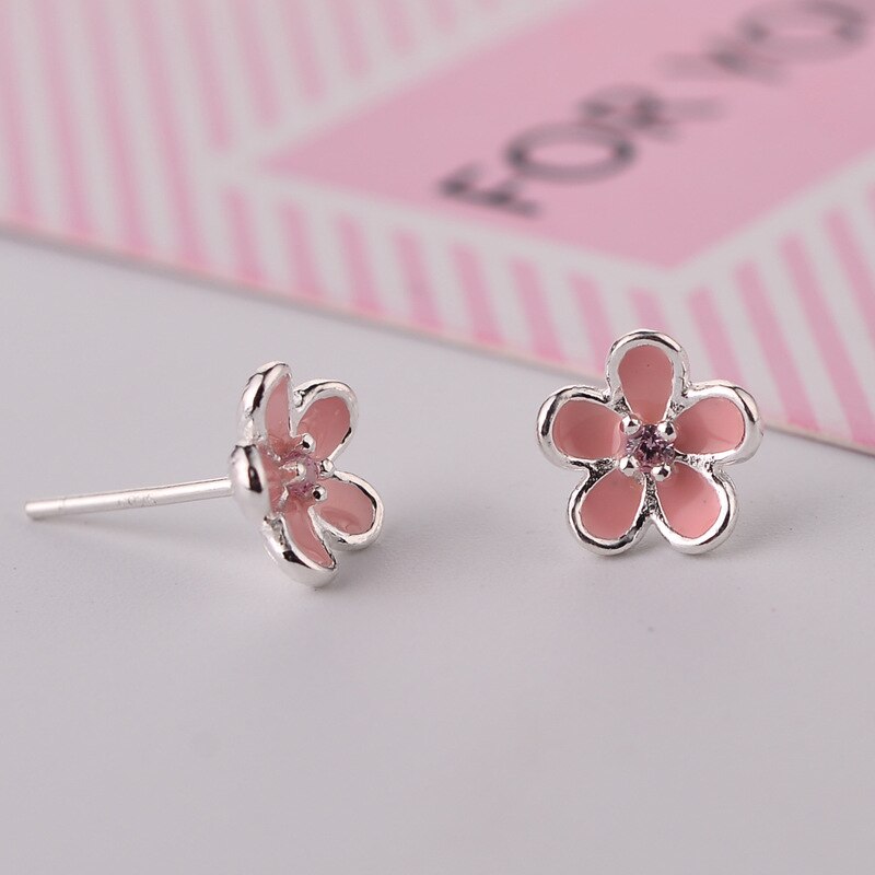 100% 925 Sterling Zilver Enamel Roze Bloem Stud Oorbellen Voor Vrouwen Luxe Hypoallergeen Sterling-Zilver-Sieraden Brincos EH527