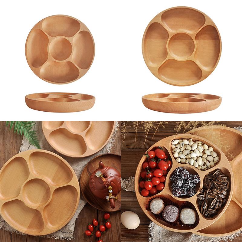 Bandeja de partición de madera de 25/30cm para el hogar, 5 compartimentos, plato para frutos secos, plato dividido de madera Natural con forma redonda