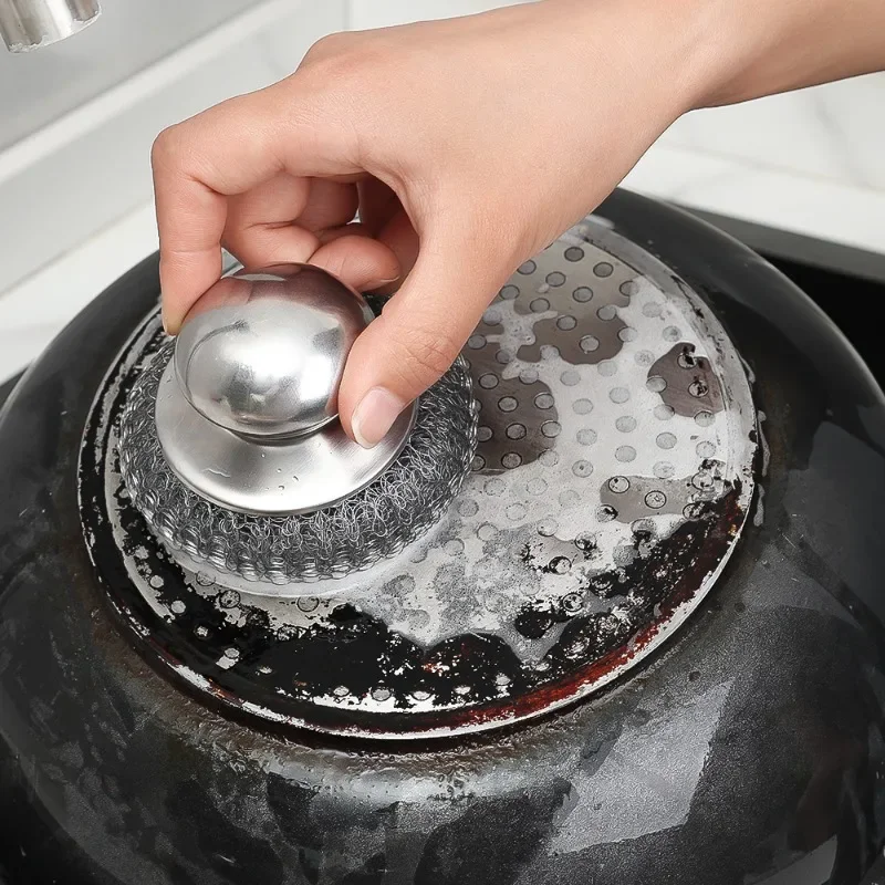Cepillo para ollas de cocina de acero inoxidable, herramientas de limpieza de bolas de alambre con mango ergonómico, accesorios para lavar platos de cocina casera, 1/6 Uds.