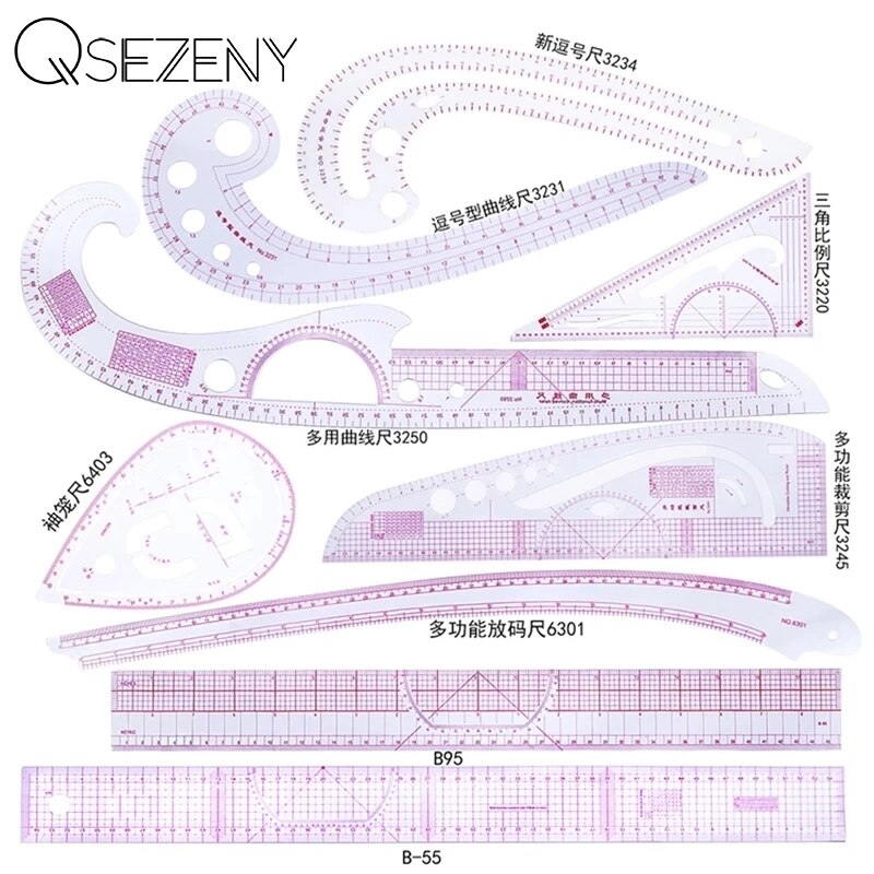 6 st praktisk sömnad fransk kurva skär linjal mått klänning skräddarsy skär hantverk skala regel ritverktyg: 9 st