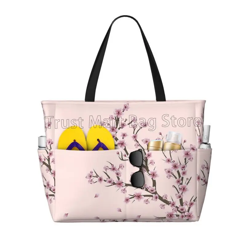 Grote strandtas met japanse sakura-kersenbloesems voor dames, waterdicht en zandbestendig, met ritssluiting, ideaal voor het zwembad, de sportschool en op reis.: Bruin