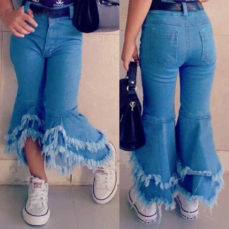 Pantalones vaqueros de de para niñas, pantalones largos para niños pequeños, pantalones acampanados de mezclilla con volantes, pantalones holgados, trajes de primavera y verano para niños