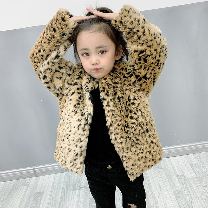 Children Leopard Faux Fur Coat Winter Fluffy Toddler Girl Coat Baby Girls Long Sleeve O Neck Kids Warm Tops Outwear Clothes